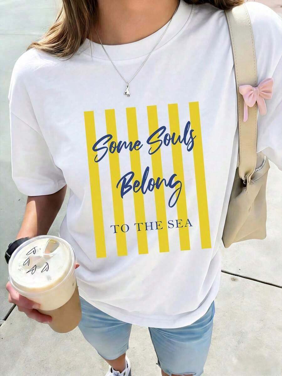 Camiseta de punto casual para mujer con diseño simple y versátil, manga corta, cuello redondo y hombros caídos, longitud regular para uso diario, de algodón. - Blanco - Ver 1