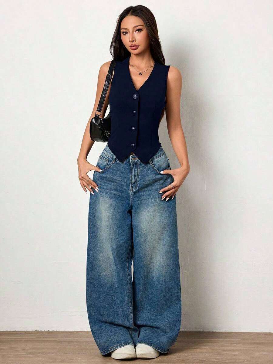 Chaleco de punto ajustado de unicolor con cuello en V sin mangas para mujer, atuendos de verano, atuendos de verano para mujer, atuendos de vacaciones de verano, Día de San Valentín, atuendos de vacaciones para mujer, atuendos de vacaciones en la pl - Azul marino - Ver 1