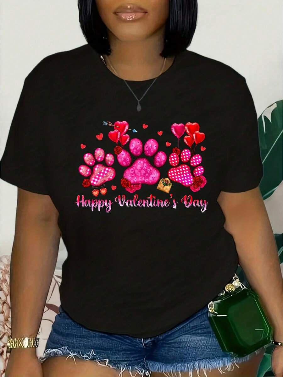Camiseta de Talla Grande para Mujer, [Camiseta de San Valentín Talla Grande] Negra con Diseño de Huellas de Corazón en Rosa y Rojo, Texto 'Feliz Día de San Valentín', uste Cómodo, Manga Corta, Perfectara Celebrar el Día del Amor con Estilo, I para Uso Casual