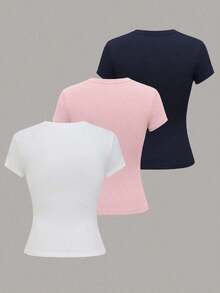 Camiseta casual de mujer de manga corta de unicolor, versátil - Multicolor 19 - Ver 2
