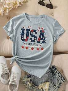 Women's American Patriotic T-Shirt With Vintage 1776 Design - Casual Red Short Sleeve Crew Neck Top With Stars And Stripes Design, All-Season Comfort, Machine Washable, Sizes S-XXL, American Flag T-Shirt - 灰色 - 查看 1