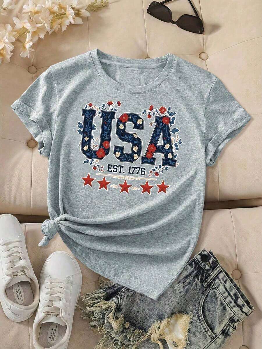 Women's American Patriotic T-Shirt With Vintage 1776 Design - Casual Red Short Sleeve Crew Neck Top With Stars And Stripes Design, All-Season Comfort, Machine Washable, Sizes S-XXL, American Flag T-Shirt - 灰色 - 查看 1