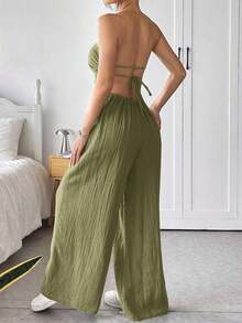 Mono de pierna ancha informal de mujer de talla grande, de algodón, con tirantes finos y espalda descubierta, para verano - Verde militar - Ver 3
