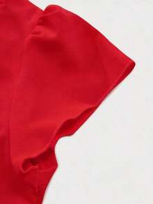 Conjunto informal de mujer con blusa de cuello en V plisada y pantalones de pierna ancha de unicolor - Rojo - Ver 7