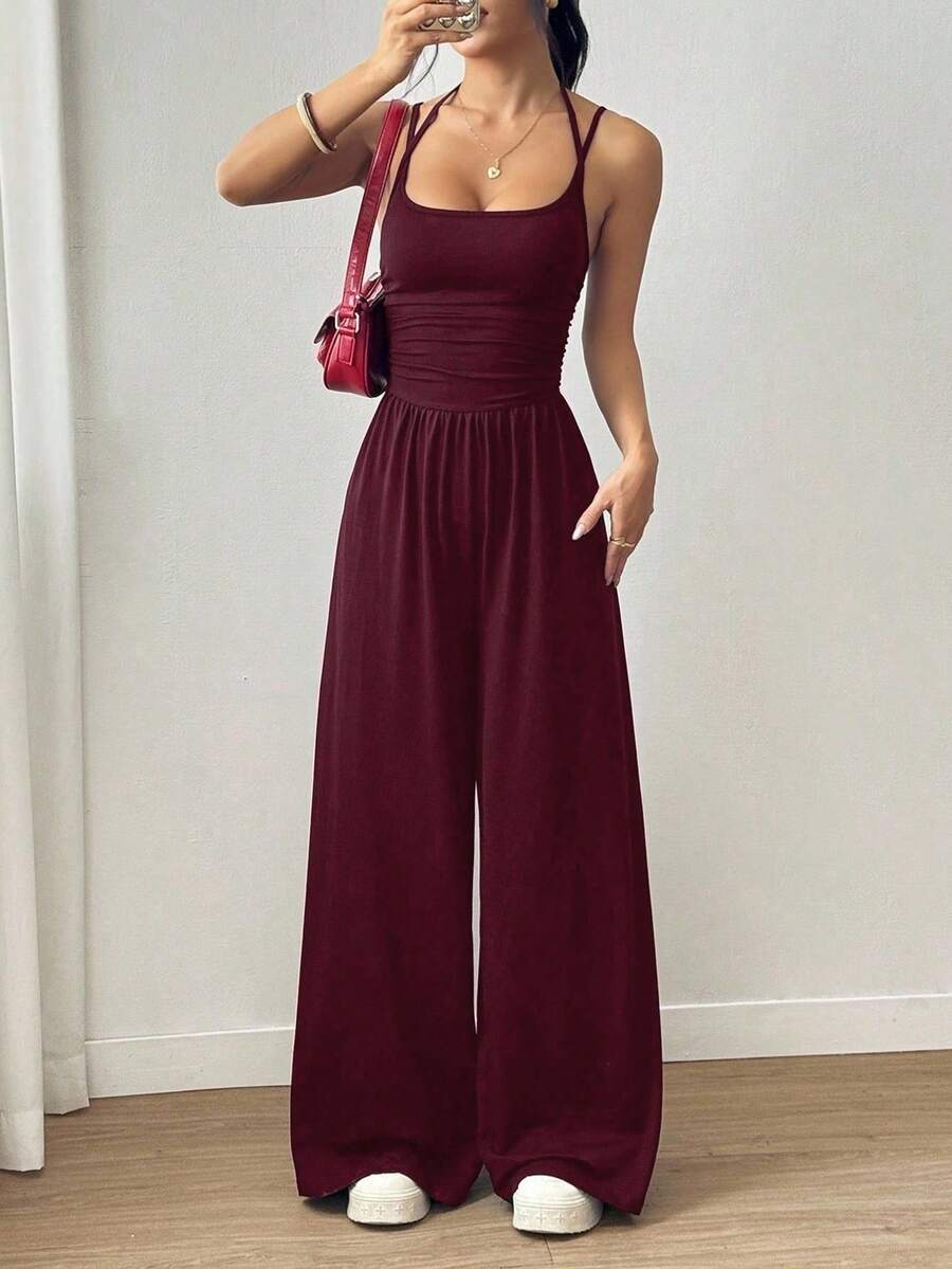 Tuta intera arricciata con scollo all'americana e gamba larga, tuta nera casual senza maniche per donna, abbigliamento estivo basic da strada. - Rosso vino - Visualizzare 1