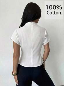 Blusa de bambú y lino con cuello arrugado, mangas asimétricas, plisado lateral y cintura ceñida, para uso diario, color albaricoque, para todas las estaciones - Blanco - Ver 5
