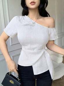 Blusa casual de ajuste ceñido con diseño de cuello con nudo en los hombros elegante para mujeres - Blanco - Ver 7