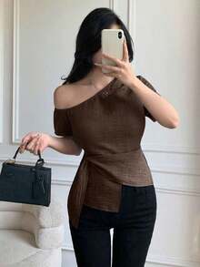 Blusa casual elegante de hombros con nudo, de corte slim para mujeres - Marrón - Ver 4