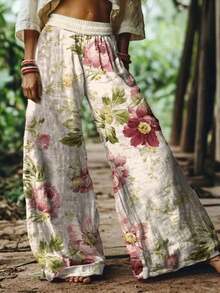 Summer Vacation Outfits Women2026 Spring Summer New Arrival Vintage Bohemia Floral Pattern Women's Casual Pants Elastic Waist Trousers-Ladies' Elegant Retro Bohemian Casual Pants Beach Vacation Loose Printed Horn Wide Leg Pants Polyester PantsLoose And Comfortablepants - 多色 2 - 查看 2