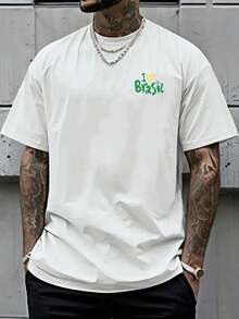 Men's Summer Off-The-Shoulder T-Shirt, "I Love Brasil" Design, Loose Fit Men's T-Shirt With Brazilian Theme, New Style Of Men's Clothing, An Essential Short-Sleeved T-Shirt For Men's Fashion With Design On The Front And Back, Suitable For Everyday Casual Wear And Sports, Cotton T-Shirt. - White - View 3