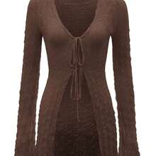 ICON 91s Bell Sleeve Tie Front Textured Sheer Black Top - Negro - Ver 2