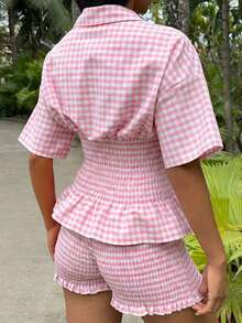 Set de camisa y pantalones cortos a cuadros tejidos para mujer, informal - Rosa - Ver 2