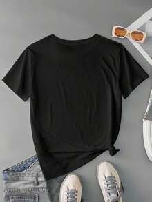 Camiseta casual de mujer con estampado de oso a rayas, verano - Negro - Ver 2