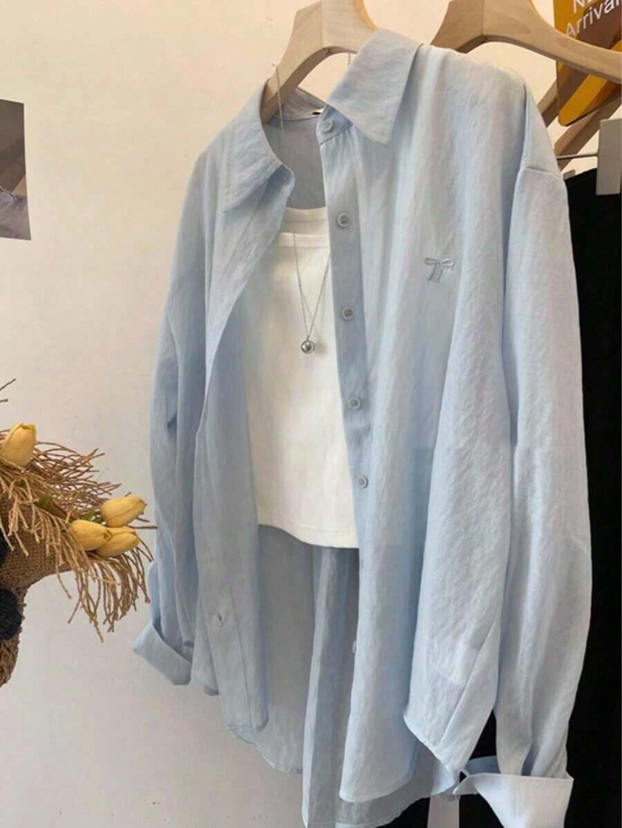Camiseta de manga larga unicolor y casual, verano - Celeste - Ver 1