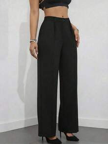 Pantalones de traje minimalistas de oficina de pierna ancha y recta de cintura alta para mujer - Negro - Ver 3