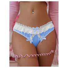 Women's Satin Bow Panty Lace Trim Low Rise Cute Bikini Underwear Silky Panty Brief - 藍色 - 查看 5
