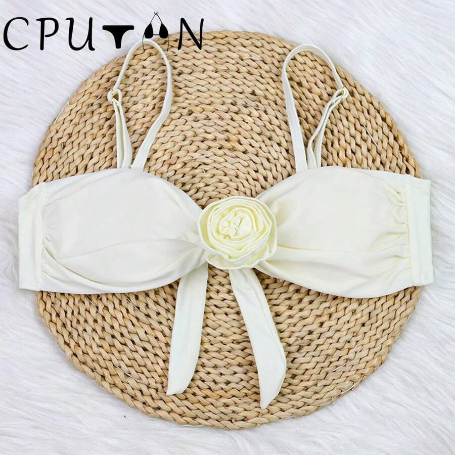 CPUTAN-Bikini blanco con estampado de flores en 3D para niña, traje de baño Sexy con realce, unicolor, Tanga, ropa de playa, 2024 - 002-5 - Ver 1