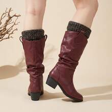DENGWEISI Red Ruched Slip-On Chunky Heel Round Toe Western Comfortable Versatile Commute Daily Holiday European And American Fashion Mid-Calf Boots For Women, Autumn/Spring - Red - View 2
