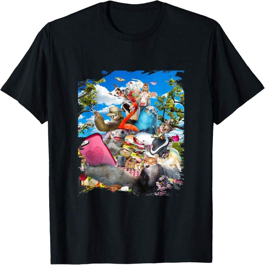 ピザグループセルフィー、ナマケモノ猫アホロートルイルカフラミンゴパグ Tシャツ - ブラック - チェックする 1
