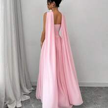 1pc Women Solid Color Halter Dress With Pleated Detail, Elegant Sleeveless Long Dress Maxi Women Outfit - Rosa Fucsia - Ver 3