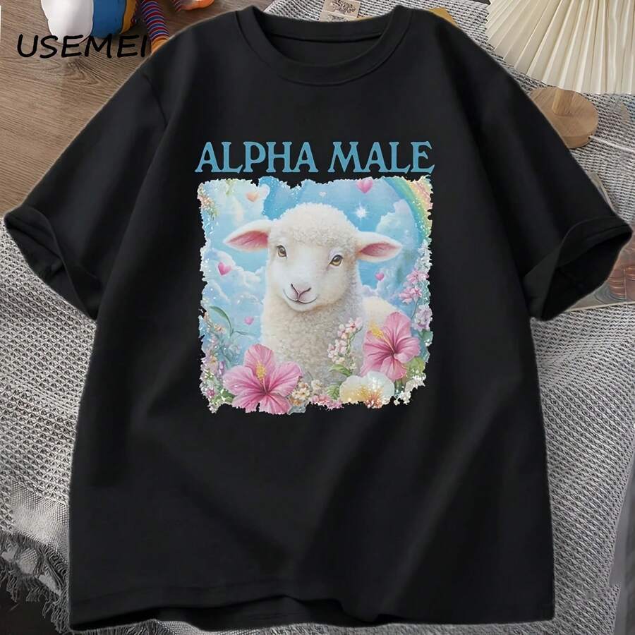 Camiseta Alpha para hombre, camiseta informal de algodón con estampado de cabra extraña tonta, camiseta estampada de manga corta con cuello redondo, ropa - forma - Ver 1