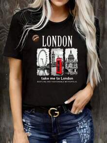 manga cortaSuave Mujeres Nuevo Popular Informal Camiseta Londres Toma Yo A Londres Animado Y A la moda Metrópolis Camiseta Con Icónico Puntos de interés Diseño Para Mujeres Diversión Impreso Redondo Cuello Corto Con mangas Mujeres Camiseta Adecuado Para Deportes EventosVacaciones Festivales y eventos deportivos Y Otros Vacaciones Camisa de regalo para mujer Casual 100% Algodón 100% Algodón - Negro - Ver 6