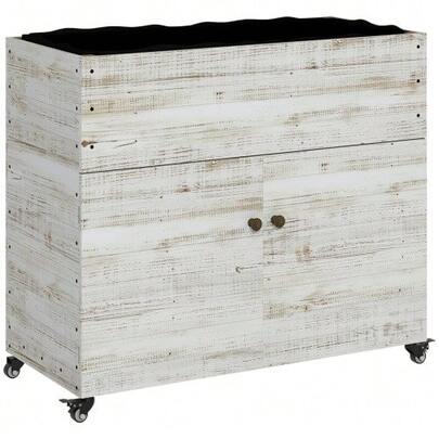 Wooden Raised Garden Bed With Storage Compartment, Herb Garden With Wheels, 110 X 50 X 95 Cm Planter, Flower Pot With Non-Woven Fabric, White For Garden And Balcony.