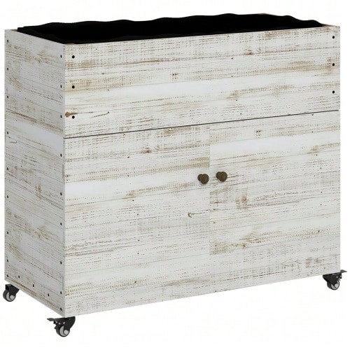Wooden Raised Garden Bed With Storage Compartment, Herb Garden With Wheels, 110 X 50 X 95 Cm Planter, Flower Pot With Non-Woven Fabric, White For Garden And Balcony.