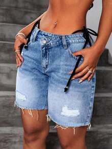 Women's Summer Washed Denim Shorts, Distressed Fringe Asymmetric Waist Design, Casual Streetwear Style, Y2K Sexy Look, Suitable For Dates, Beach And Daily Wear - Màu xanh lam - Xem 1