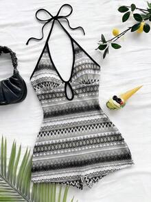 Nuevo mono mini con tirantes de punto multicolor a rayas, sin espalda, adecuado para otoño/invierno, Halloween, Año Nuevo, carnaval, fiesta, cita, té de la tarde, playa, como capa o prenda exterior - Gris - Ver 4