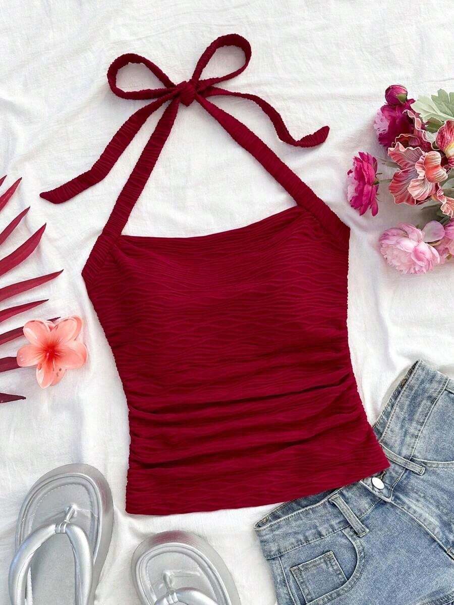 Parte superior corta ajustada con cuello de halter casual para vacaciones de mujer, verano de mujer, sin espalda, ropa de vacaciones de mujer, lunares, primavera de mujer, verano, parte superior para salir de mujer, vacaciones de mujer - Burdeos - Ver 1