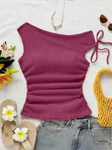 Blusa de punto con textura de burbujas de color albaricoque, cuello asimétrico con lazo en la cintura, ajuste ceñido, adecuada para fiesta, cita, paseo por la ciudad, viaje por carretera, playa de verano - Rosa Fucsia - Ver 3