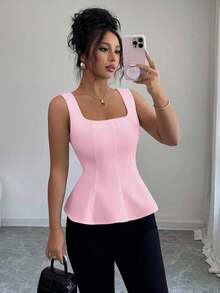 Blusa elegante de cuello cuadrado sin mangas para mujer, adecuada para la oficina, el transporte, el té de la tarde, las fiestas, las vacaciones y ocasiones casuales - Rosa - Ver 1