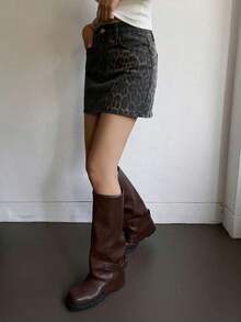 Falda vaquera casual con botones delanteros y bolsillos con estampado de leopardo - Marrón 3 - Ver 6