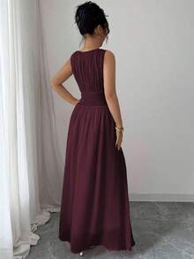 Vestido maxi casual, romántico, vintage y elegante de gasa para mujer con cordón en la cintura, para la playa, el té de la tarde, fiestas de noche, uso diario, sin mangas, de unicolor, vestido largo, primavera/verano - Granada - Ver 2