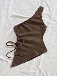Camiseta de tirante único de punto jacquard texturizado de color beige para mujer, adecuada para fiesta, cita, Día de San Valentín, Pascua, carnaval, té de la tarde, playa, crucero, vacaciones en la ciudad - Café integral - Ver 2
