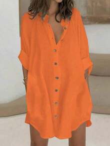 LUNE Vestido camisero casual de mujer de un solo abotonado, unicolor, con mangas enrollables y corte holgado - Naranja - Ver 3