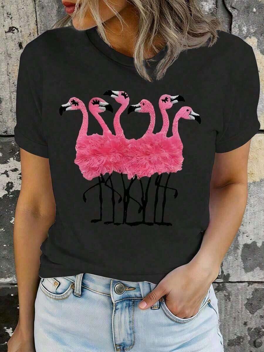 ropa de mujer Camiseta de manga corta con estampado de flamencos para mujer, rosa vibrante y diseño de animales, cuello redondo, top casual para primavera/verano/otoño, lavable a máquina y a mano, camisas de mujer - Multicolor - Ver 1