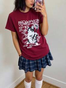 Camiseta de manga corta casual, suelta, con cuello redondo, estampada con letras y gatos para mujer - Multicolor - Ver 1