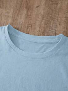Women's Light Blue Summer Oversized T-Shirt With "Forever Awesome" Slogan And Pink Flowers. Loose-Fitting Round Neck T-Shirt With Printed Text And Floral Design, Fresh And Casual Style. - YH408-藍色 - 查看 4