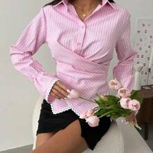 A Sophisticated Coffee, Apricot, Blue, Red, Pink Or White Striped Long-Sleeve Shirt With A Flattering Waist-Cinching Cut And A Unique Cross-Front Design – Elevating Casual Elegance For Evening Parties, Work-From-Home Lounging & Everyday Chic. Elitara Dresses Elitara - 粉色 - 查看 1