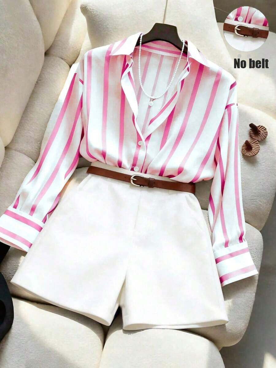 Conjunto de camisa holgada con rayas y pantalones cortos de talle alto en azul marino, conjunto de vestir minimalista y elegante para primavera/verano - Rosa - Ver 1