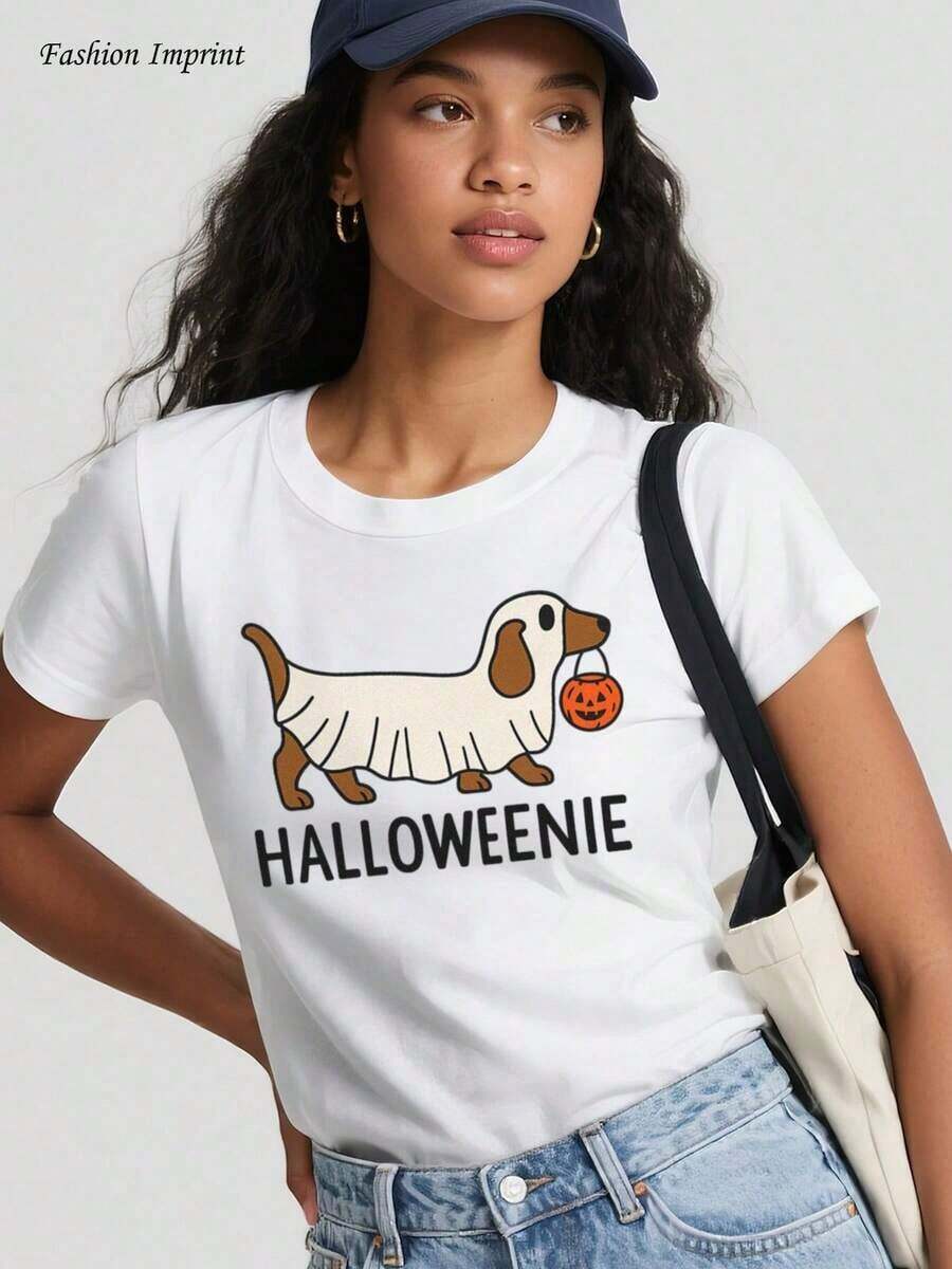 Camiseta linda de Halloweenie Dachshund, camiseta gráfica divertida de Halloween, regalo para la temporada de otoño - Camiseta bordada de Dachshund fantasma de Halloween, camiseta divertida de Dachshund, regalo para mamá Dachshund, camiseta de perro "Trick Or Treat", camiseta espeluznante de Halloweenie. Camiseta holgada, casual y versátil estilo Y2k. - Negro - Ver 1