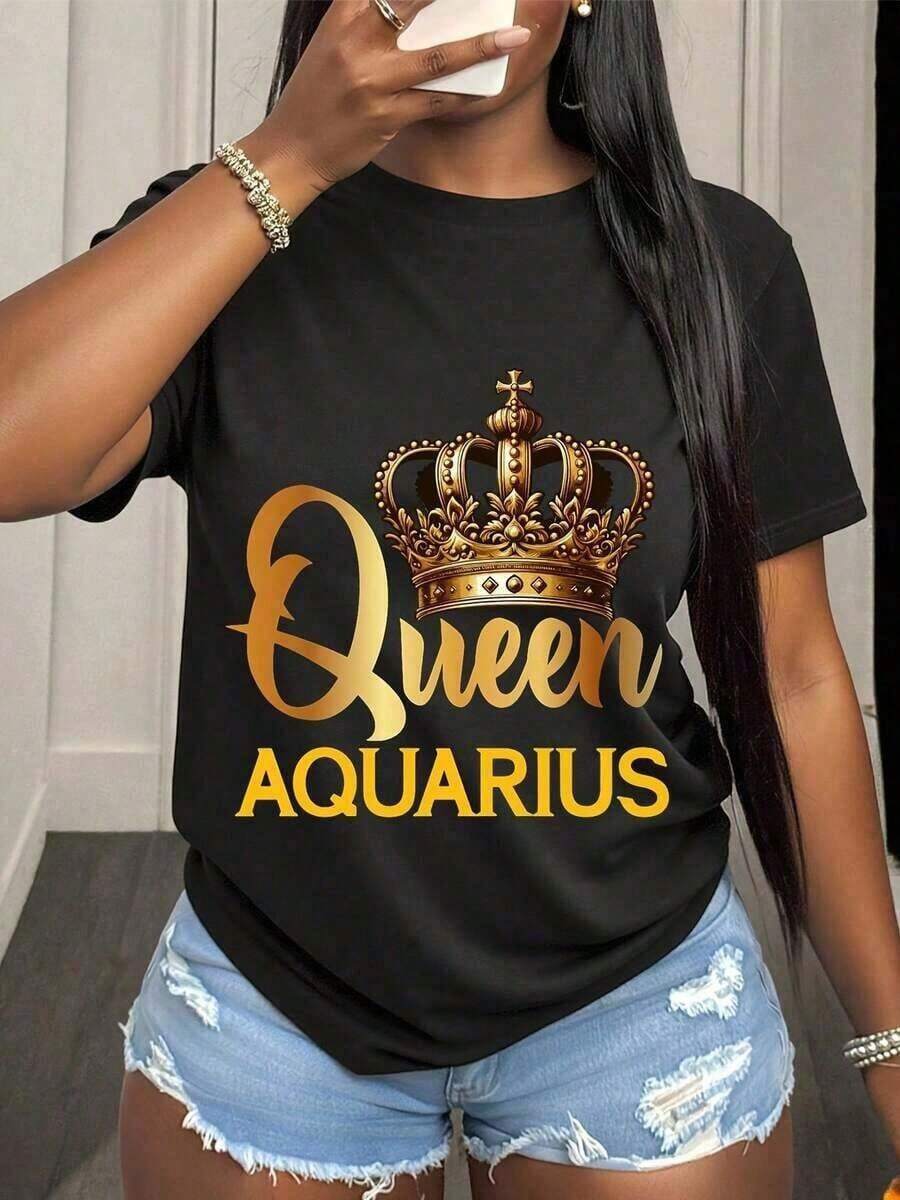Aquarius Zodiac Sign Graphic T-Shirt With A Purple Cap And Bold Design For Astrology Enthusiasts. A Women's T-Shirt With A Celestial Theme And Vibrant Colors, Perfect For Everyday Wear And Zodiac Celebrations. 100% Soft Cotton. - 4 - 查看 1