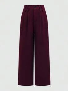 Pantalones anchos de primavera casuales para mujer , estilo de pierna recta holgada, diseño de cintura único de unicolor, adecuados para la oficina y el uso diario, versátiles y favorecedores - Burdeos - Ver 9