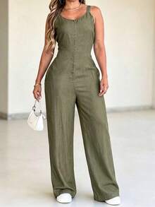 Mono informal elegante de mujer con efecto de mezclilla, cuello en V, sin mangas, cintura fruncida, piernas anchas y bolsillos laterales - Niebla azul - Ver 6