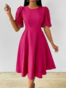 Vestido verde de manga abullonada larga, cuello en V, cintura recogida y bajo acampanado, para primavera y verano - Rosa Fucsia - Ver 5
