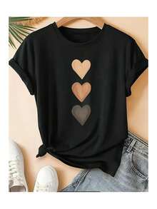 Basic T-Shirt With Vertical Heart Print, Loose And Comfortable - Back - View 1