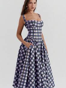 Vestido largo tirantes estilo vintage francés vestido elegante con estética paleta de colores - Azul - Ver 2