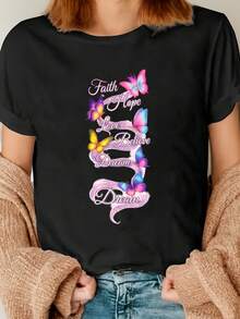 Short-Sleeve T-Shirt With "ClassicFaith Hope Love Believe Dream" Print, Regular Length, Women's Clothing, Sports T-Shirt, Ideal For Daily Commuting, Meetings And Office, Bestseller - 黑色 - 查看 3
